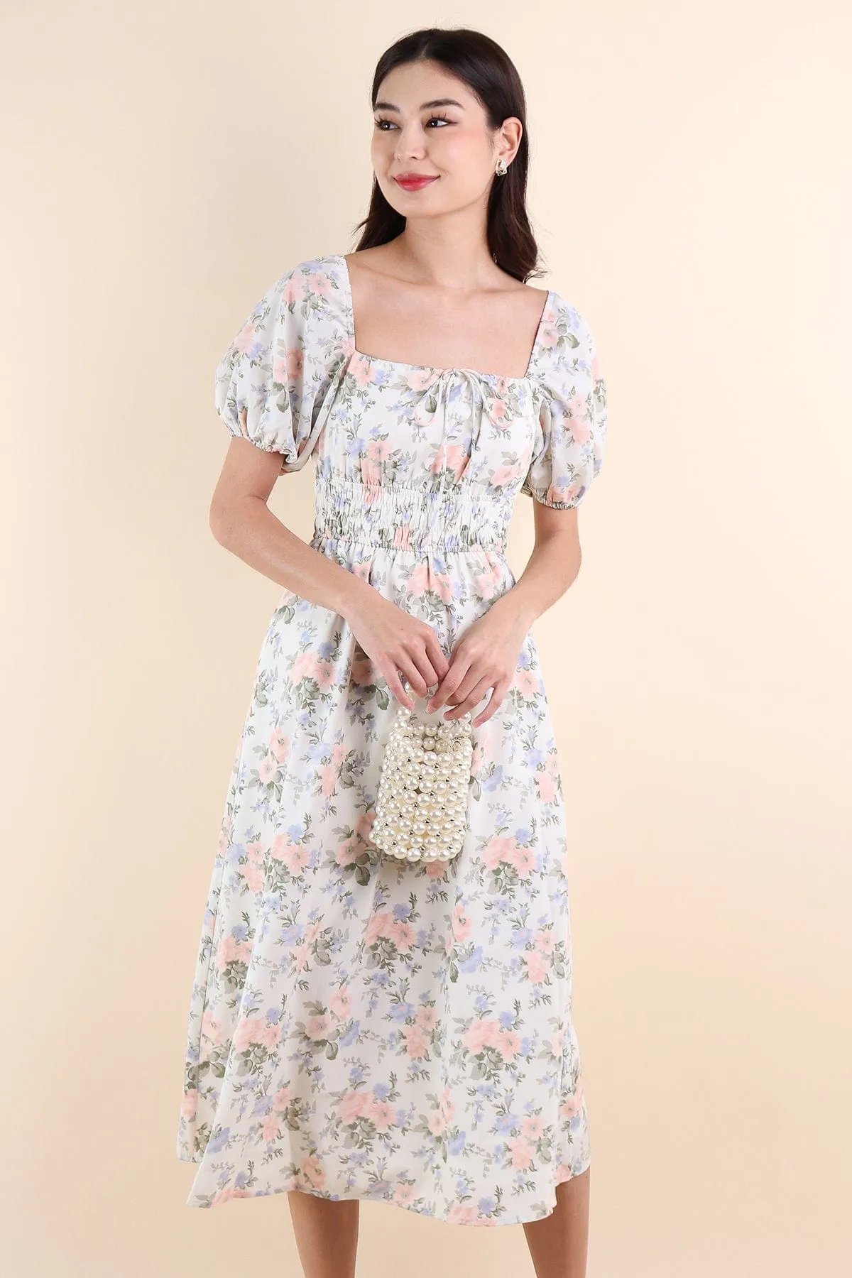 LYLA FLORAL MIDI DRESS IN WHITE