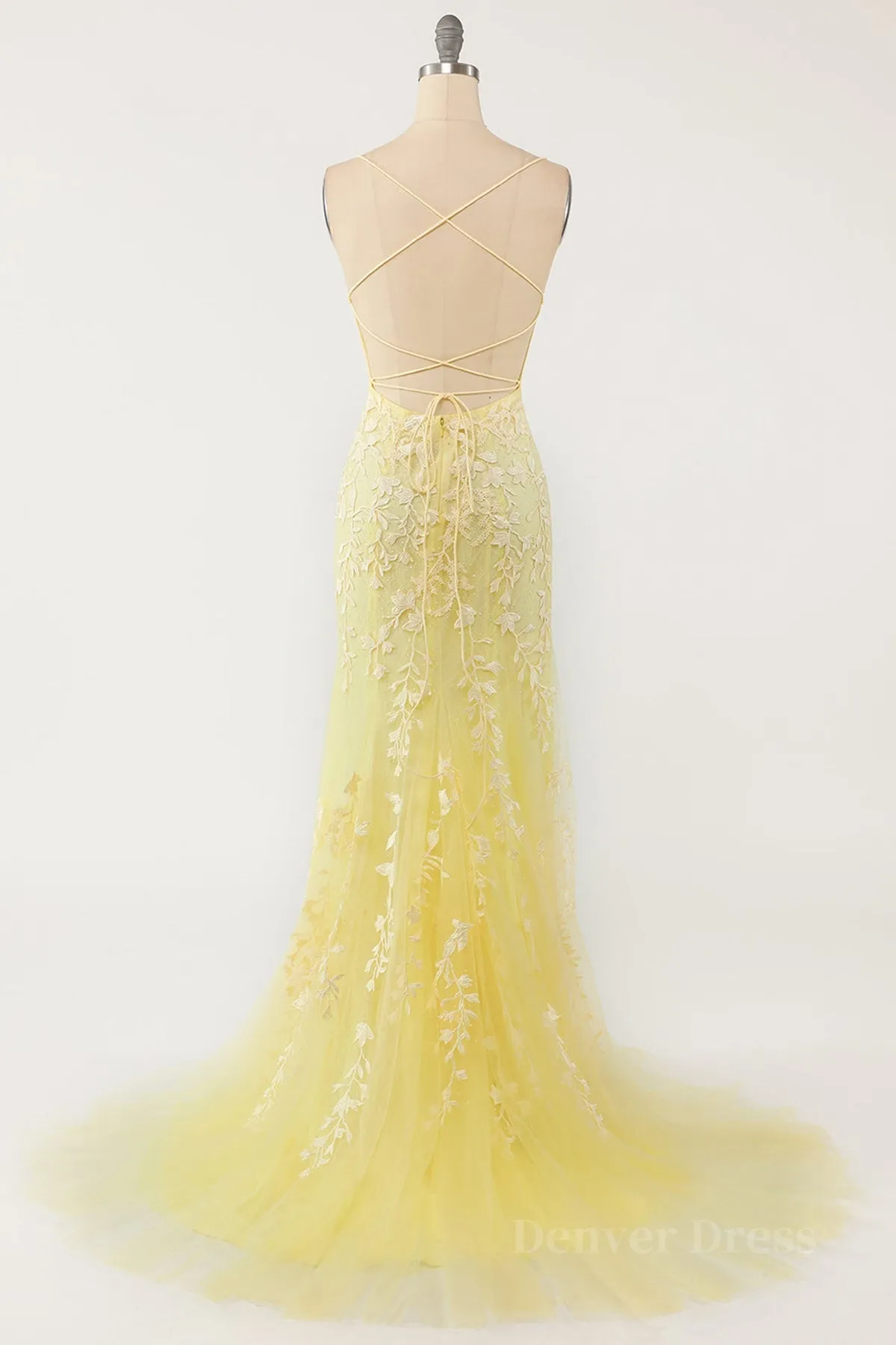 Mermaid Backless Yellow Lace Long Prom Dresses Mermaid Yellow Formal Dresses Yellow Lace Evening Dresses