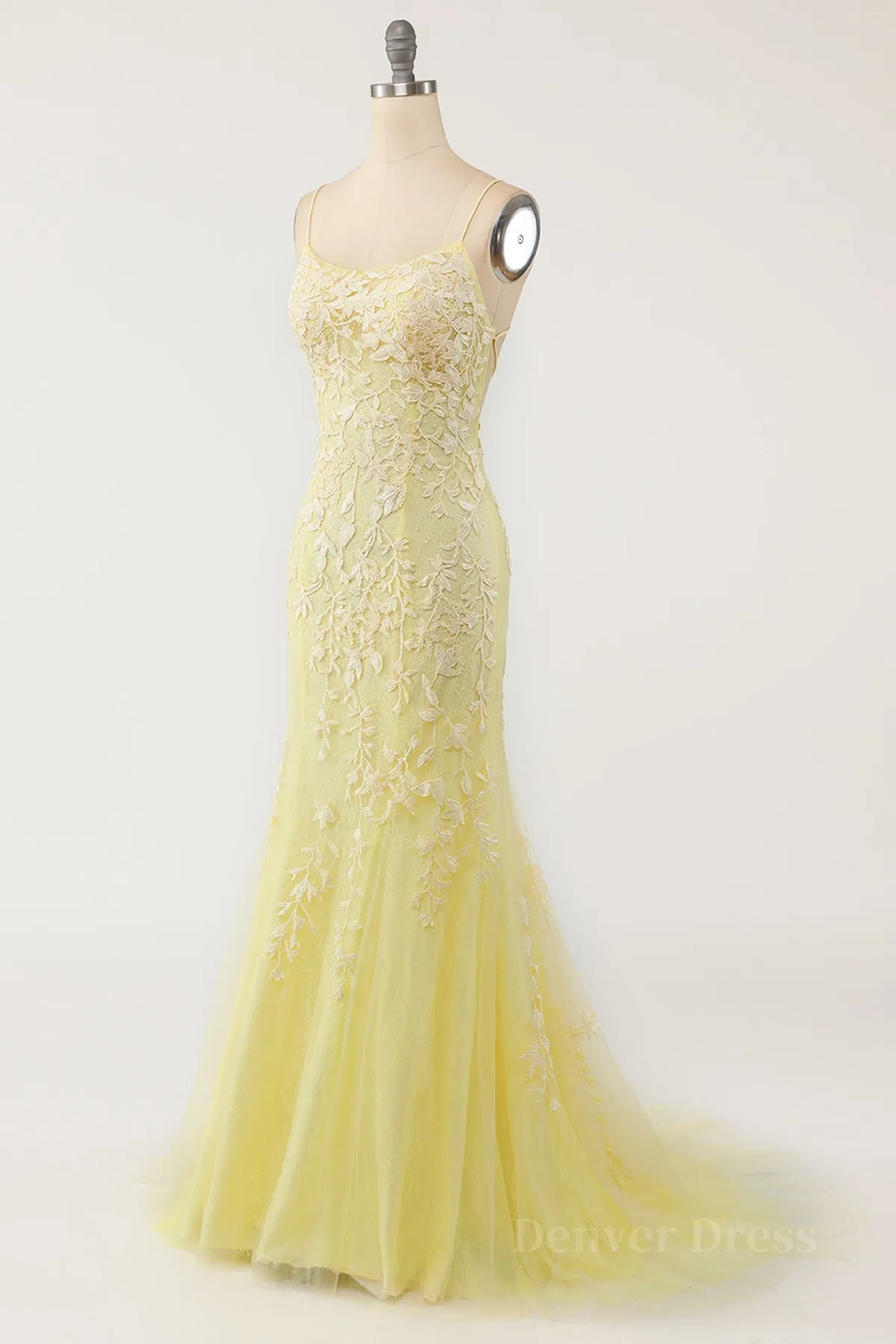 Mermaid Backless Yellow Lace Long Prom Dresses Mermaid Yellow Formal Dresses Yellow Lace Evening Dresses