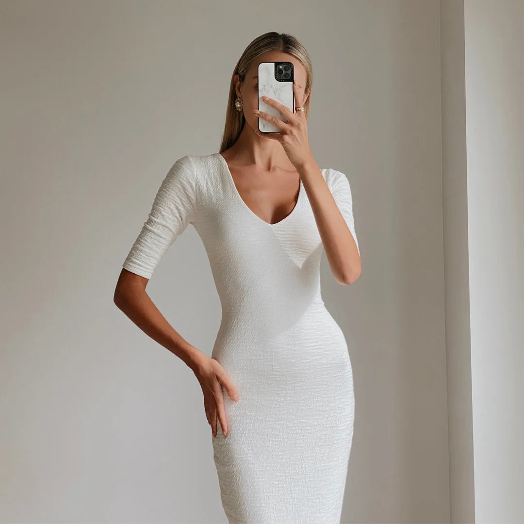 MIA White Bodycon V Neck Midi Dress