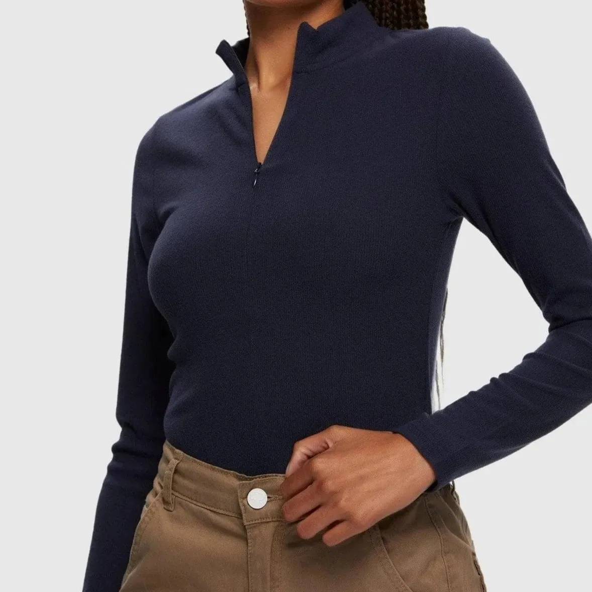 Mock Neck Invisible Zip Long Sleeve (Navy)