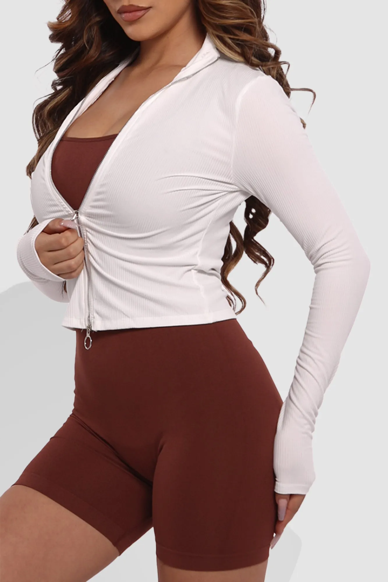 Mock Neck Long Sleeve Rib Knit Zip Up Crop Tops - White