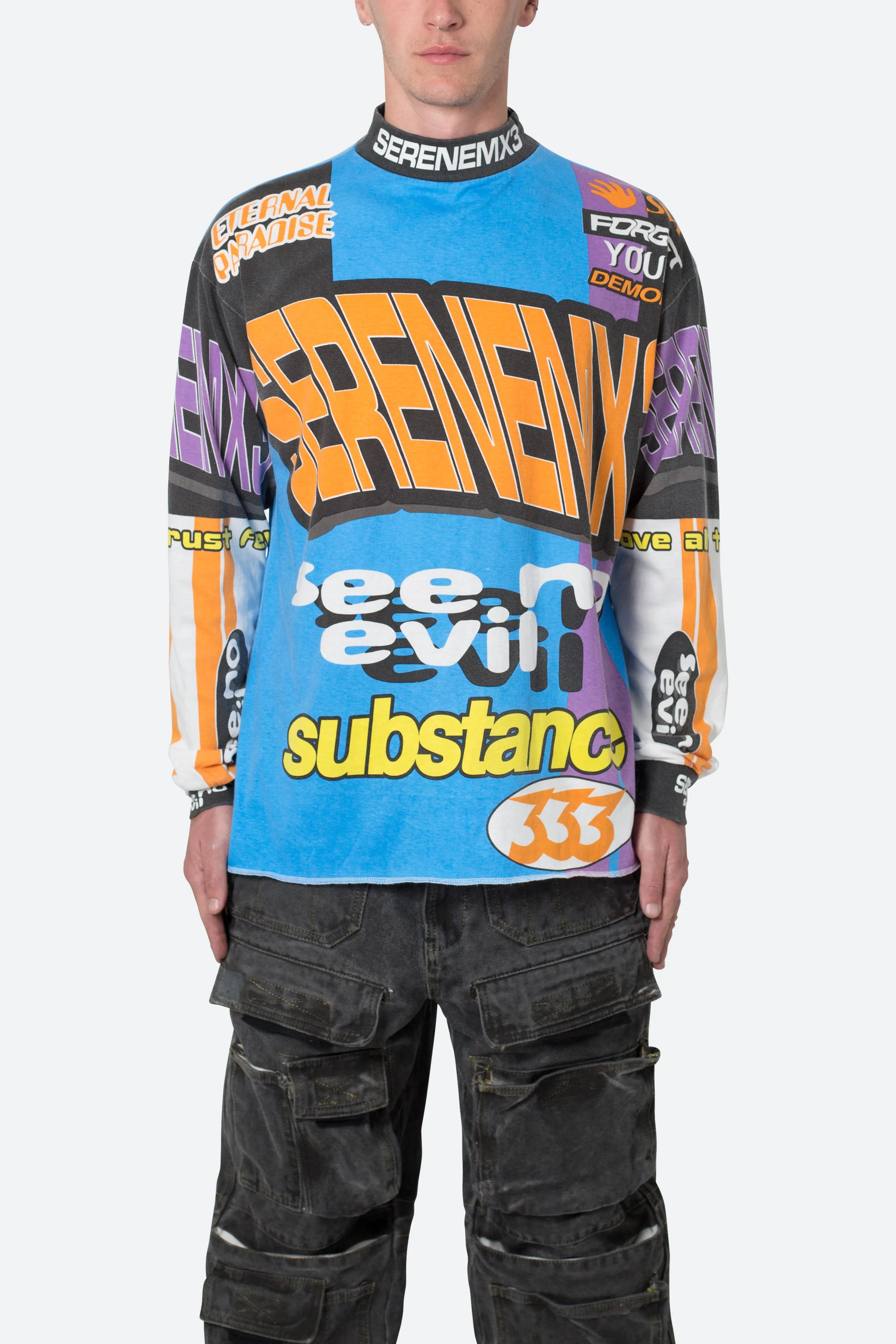 Mock Neck Motocross L/S Tee - Blue/Multi