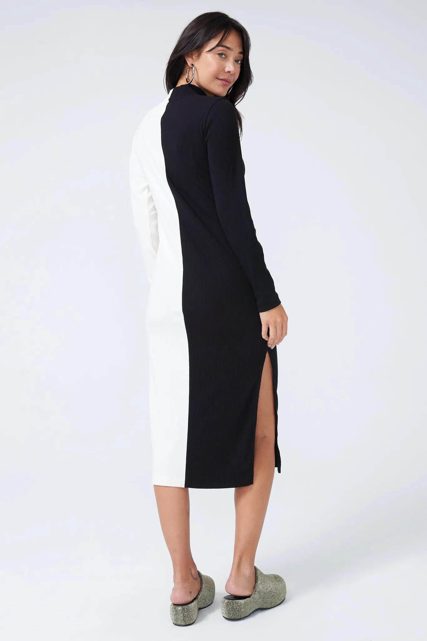 Mock Neck Rib Dress in Black and Sugar Swizzle