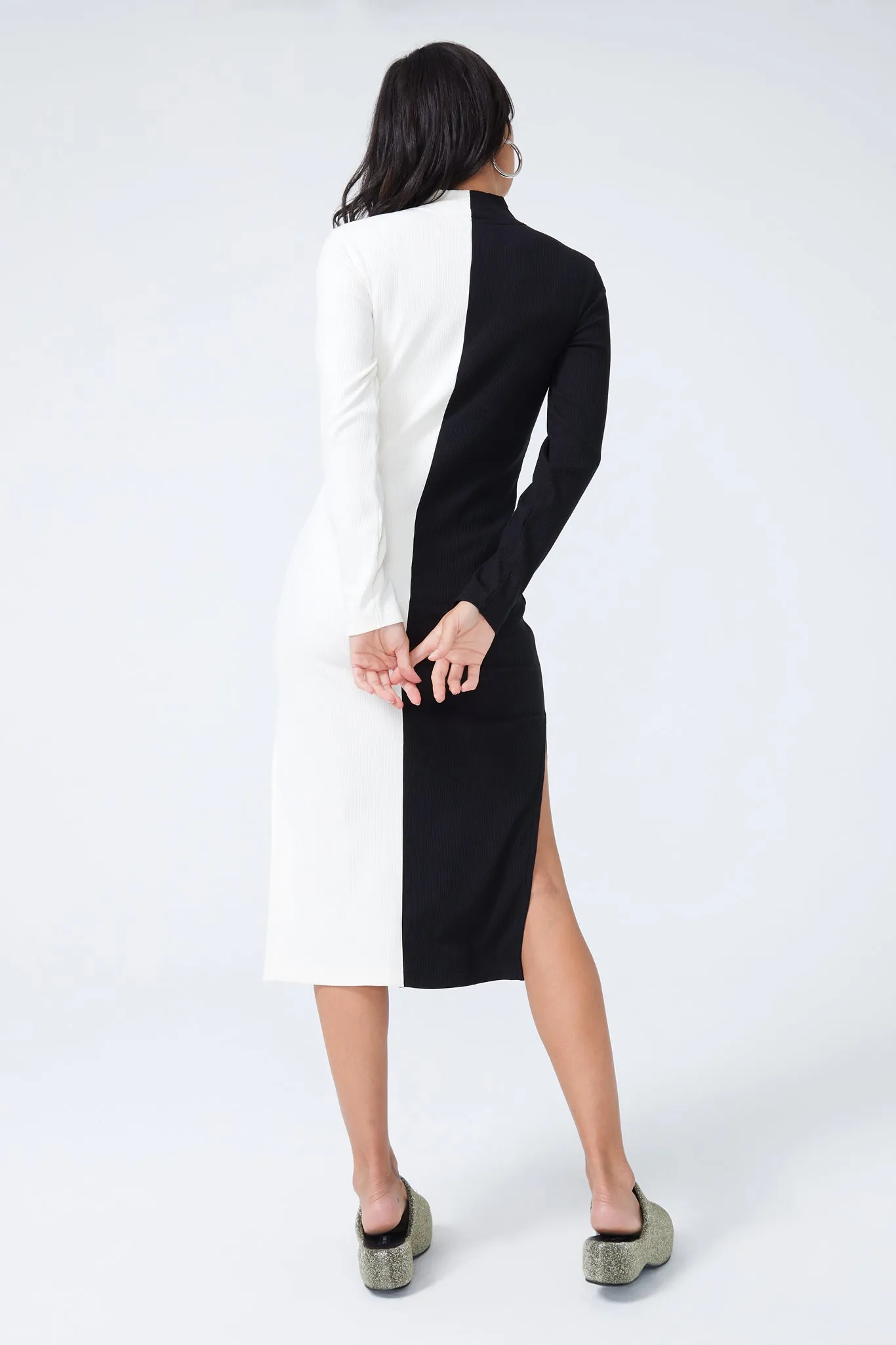 Mock Neck Rib Dress in Black and Sugar Swizzle