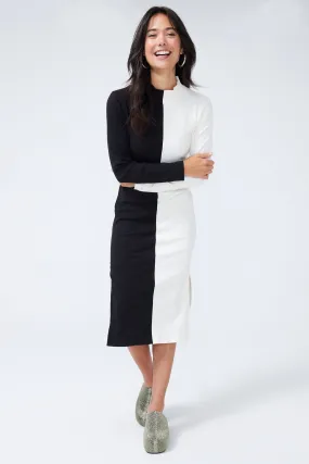 Mock Neck Rib Dress in Black and Sugar Swizzle