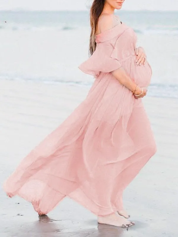 Momnfancy Ruffle Draped Off Shoulder Photoshoot Baby Shower Flowy Maternity Dress