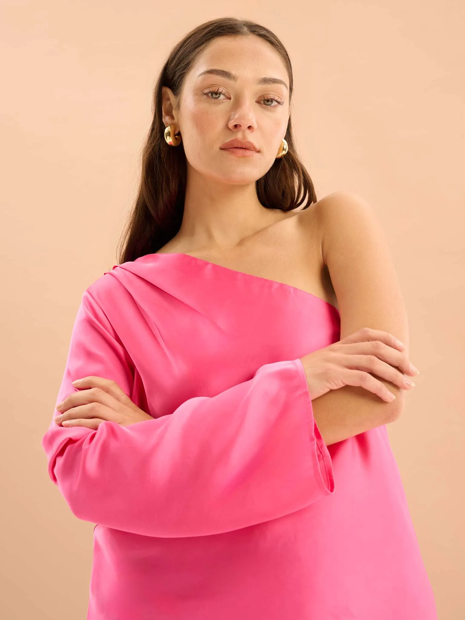 Natalia One Shoulder Satin Top in Cerise