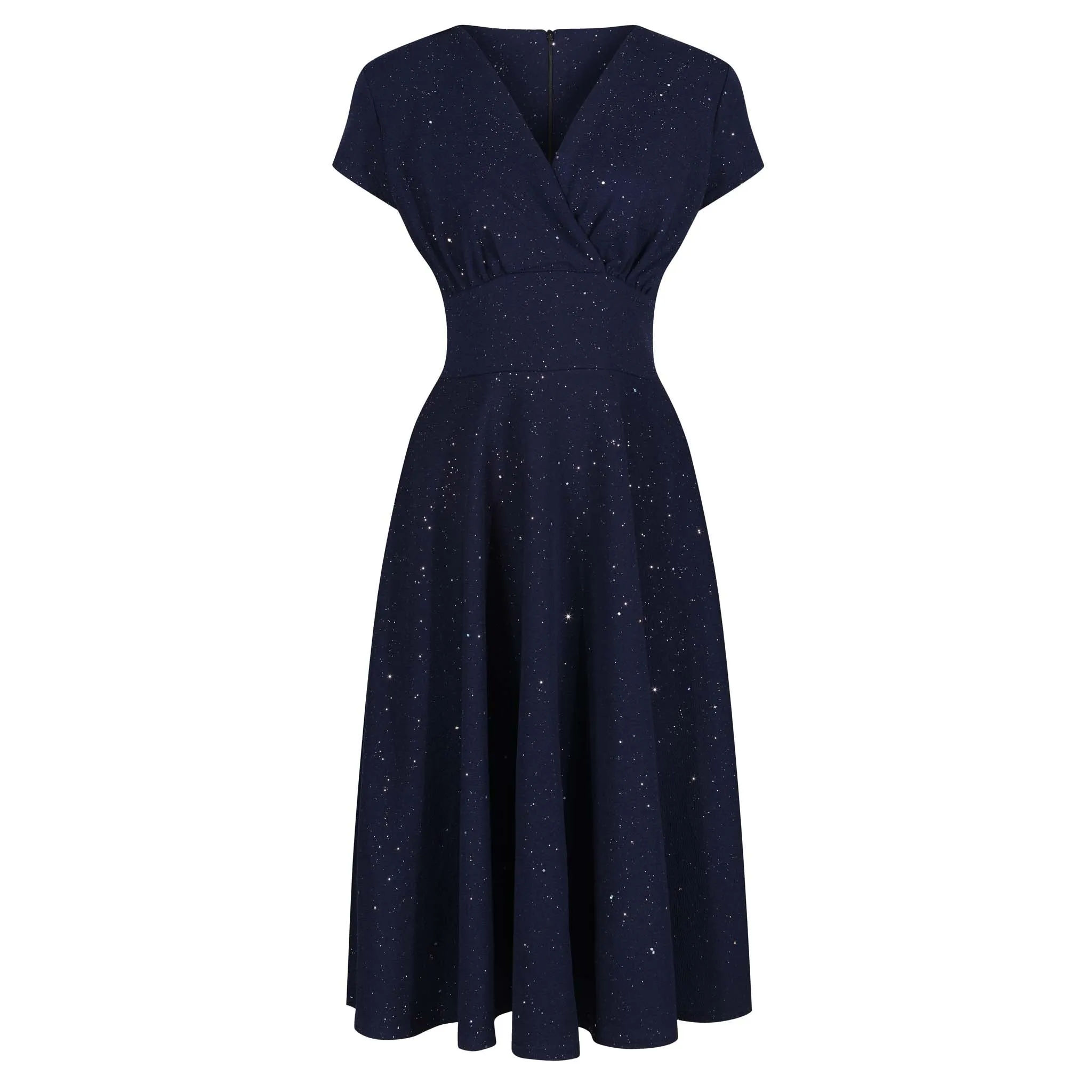 Navy Blue & Sparkly Glitter A Line Crossover Top Capped Sleeve Tea Swing Dress