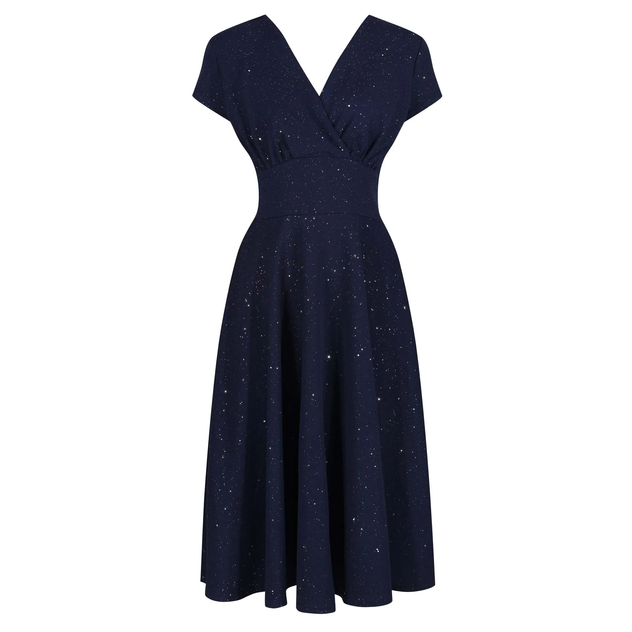 Navy Blue & Sparkly Glitter A Line Crossover Top Capped Sleeve Tea Swing Dress