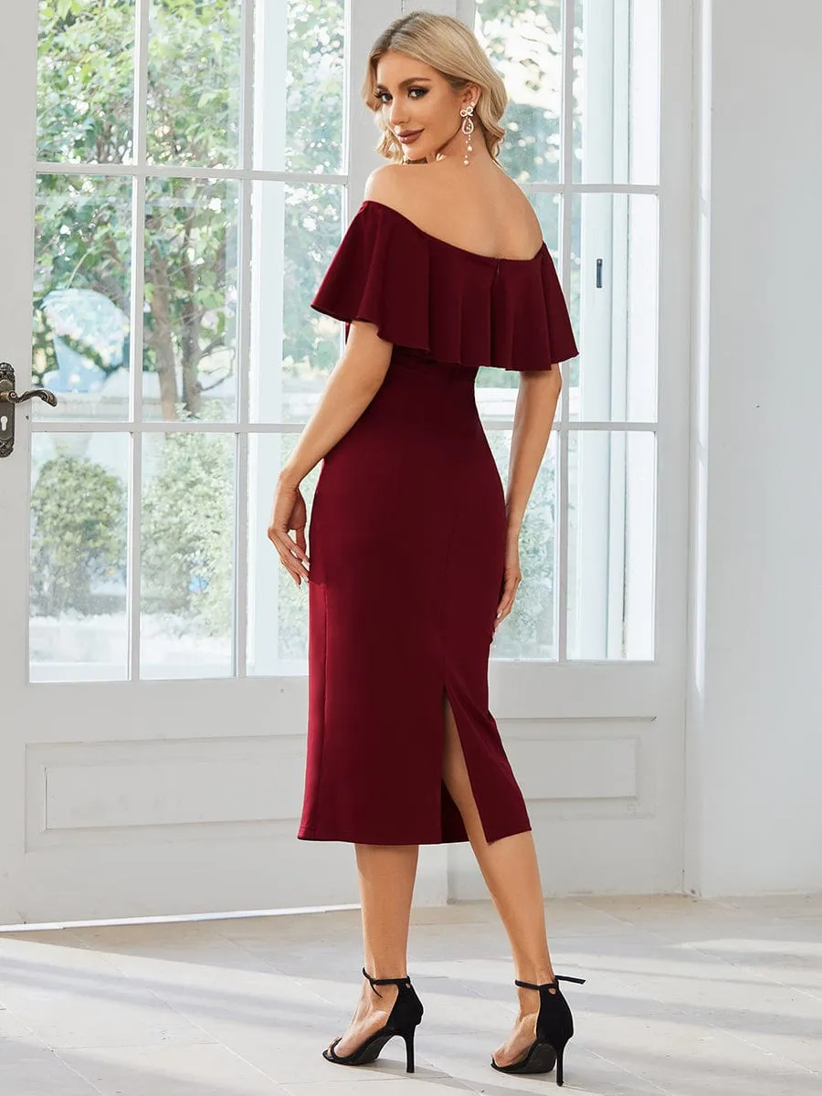 Off The Shoulder Bodycon Tea Length Wedding Guest Dress