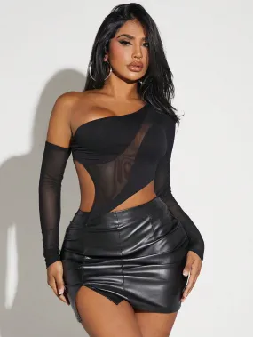 One Shoulder Mesh Asymmetrical Crop Top