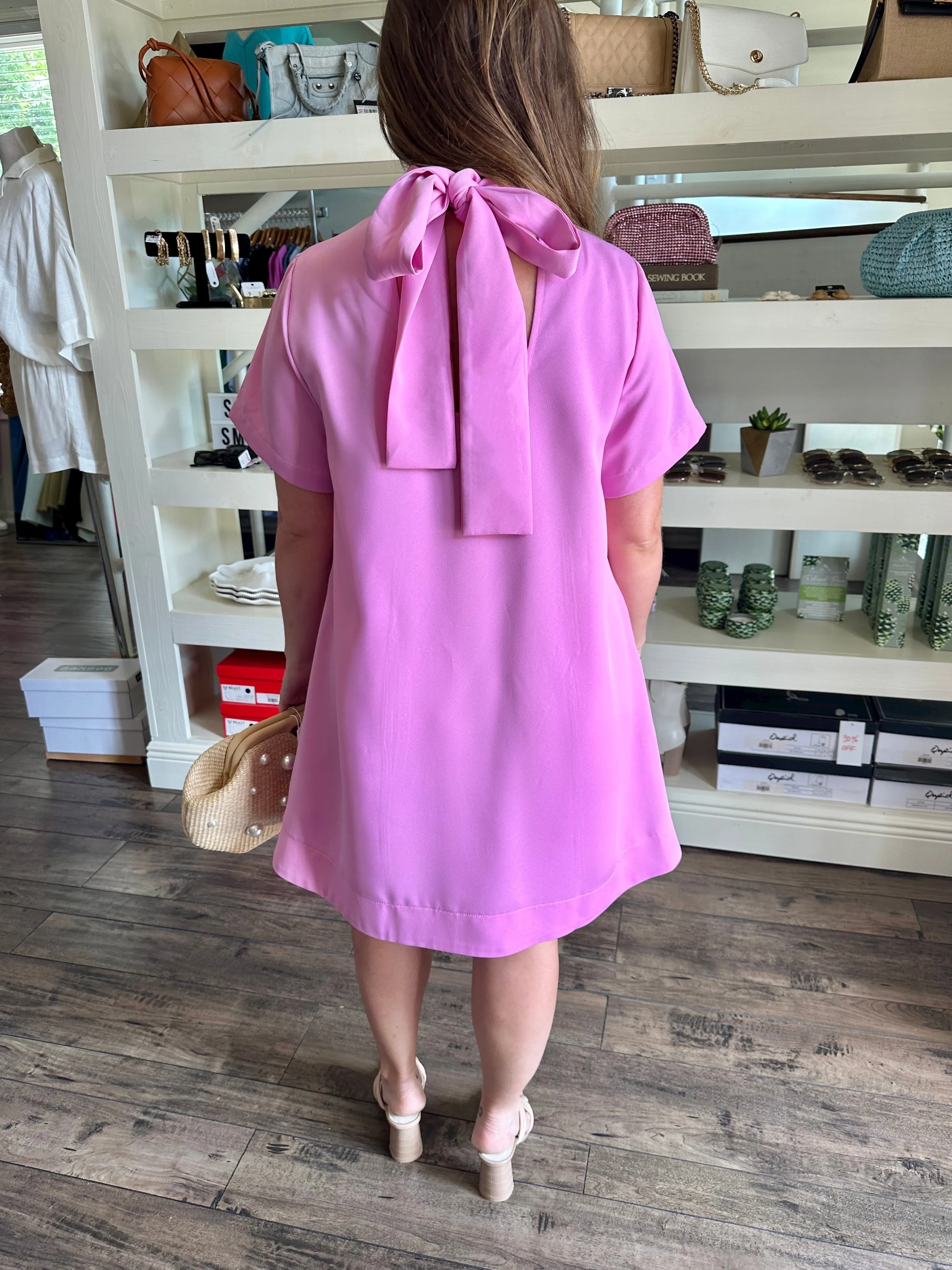 Pink Tie Mock Neck Dress