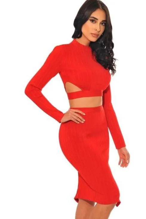 Red Crop Top 2 Piece Bandage Set