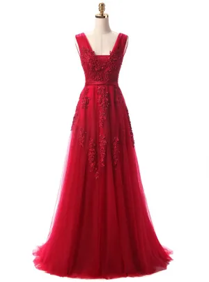 Red V Neck Long Lace Appliques Prom Dresses