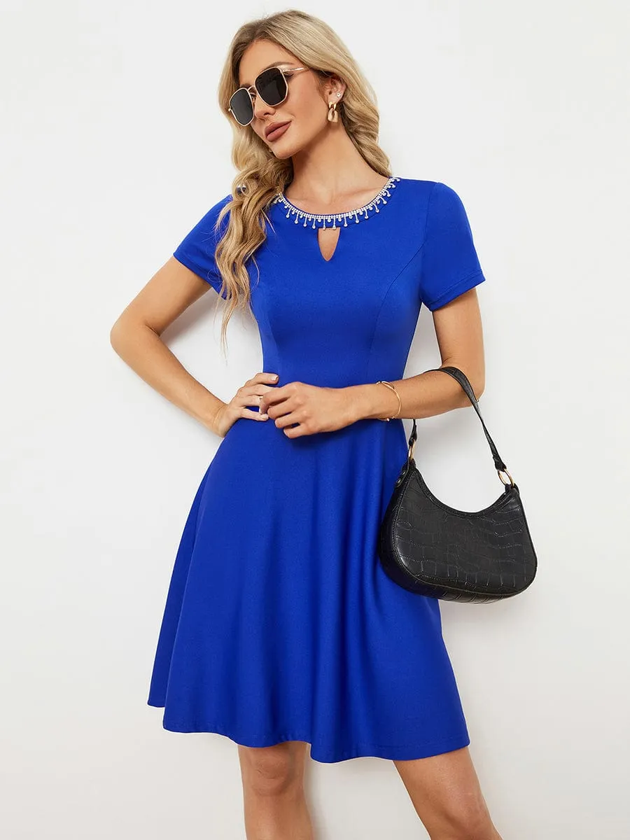 Rhinestone Neckline Short Sleeves A-Line Mini Summer 2024 Casual Dresses