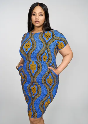 Sabella Women's African Print Stretch Dress (Gold Blue Motif)