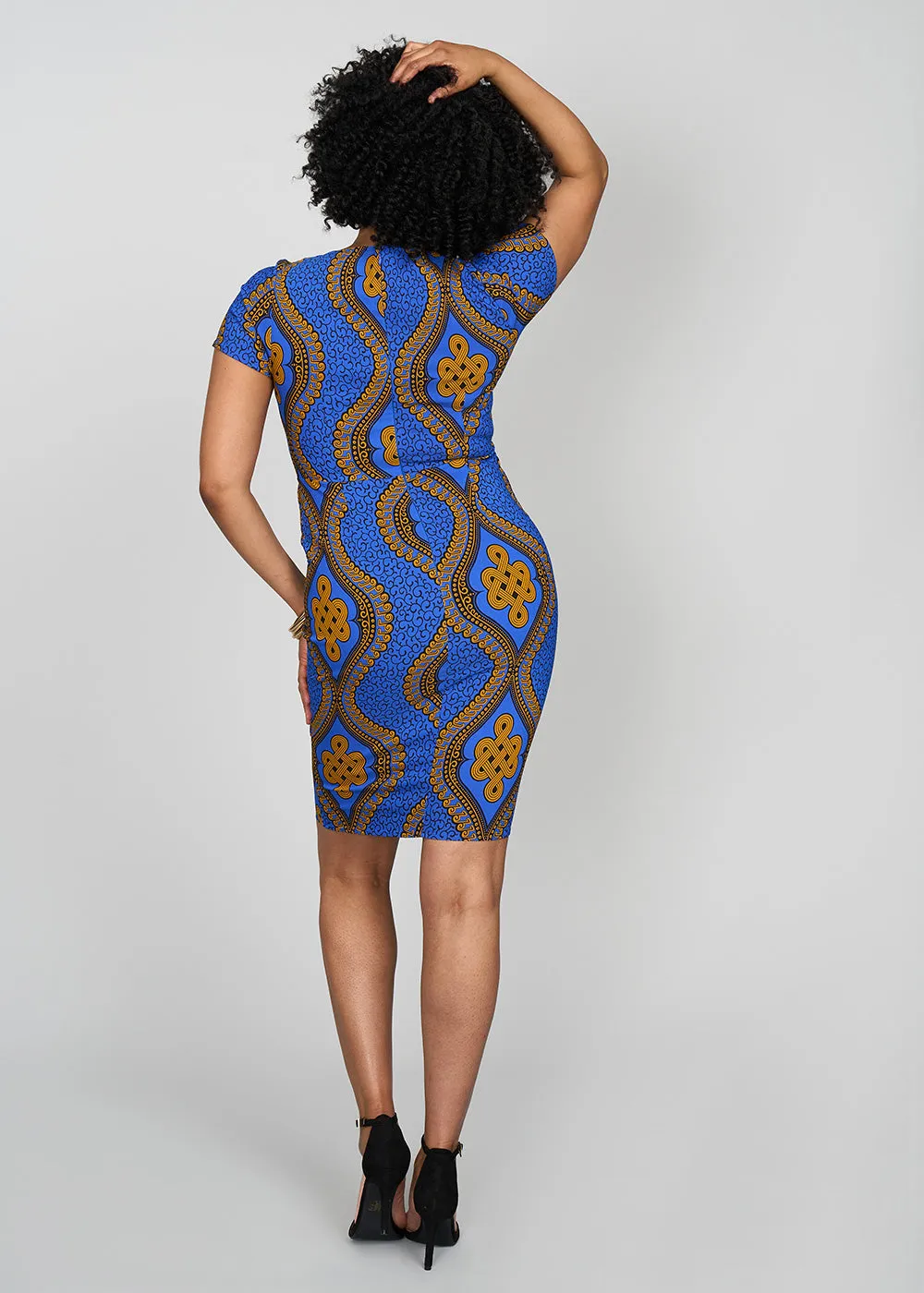 Sabella Women's African Print Stretch Dress (Gold Blue Motif)