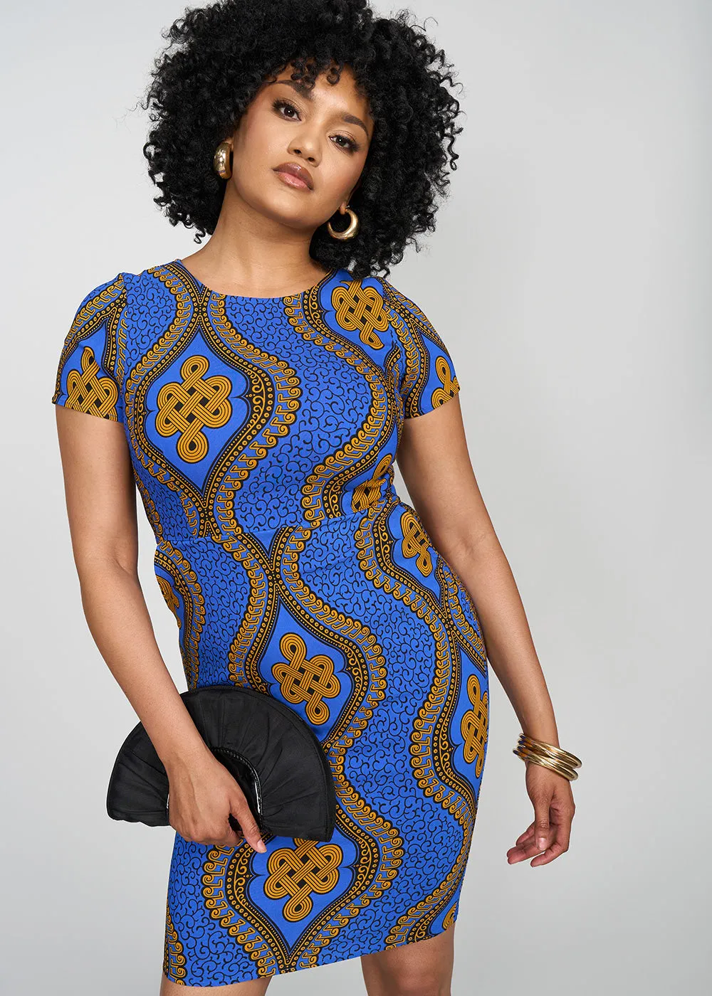 Sabella Women's African Print Stretch Dress (Gold Blue Motif)