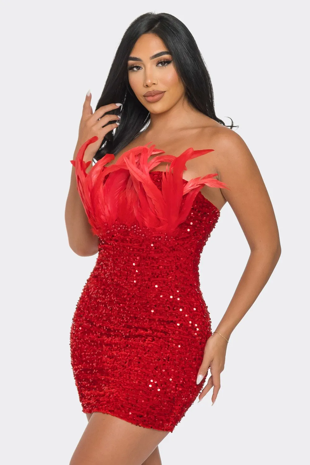 SEQUIN OFF SHOULDER W/FEATHER MINI DRESS