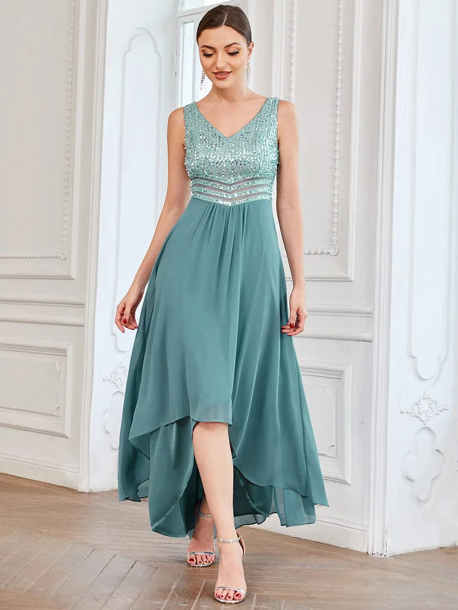 Sexy High-Low Maxi Chiffon Evening Dresses with Sequin