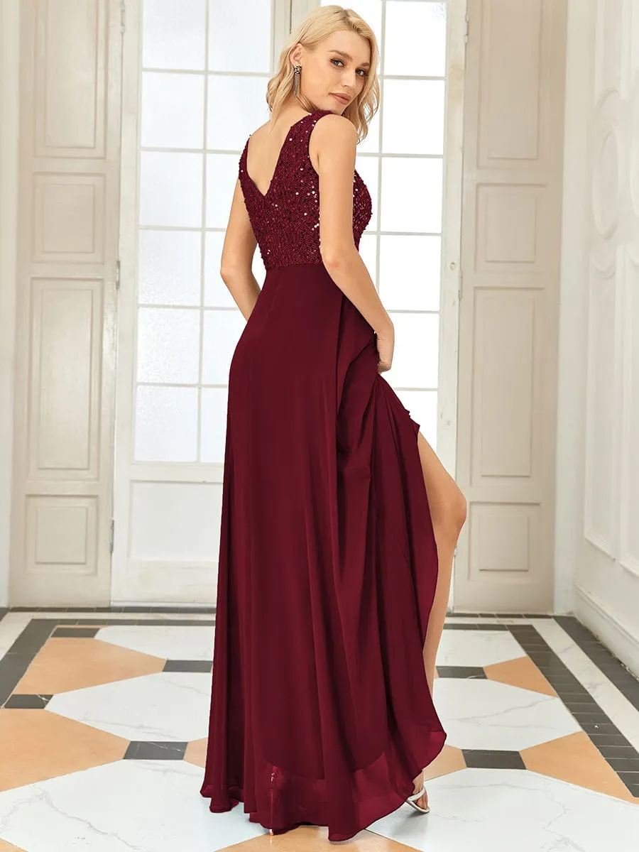 Sexy High-Low Maxi Chiffon Evening Dresses with Sequin