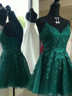 Short V Neck Green Lace Prom Dresses, Backless Short V Neck Green Lace Formal Homecoming Dresses