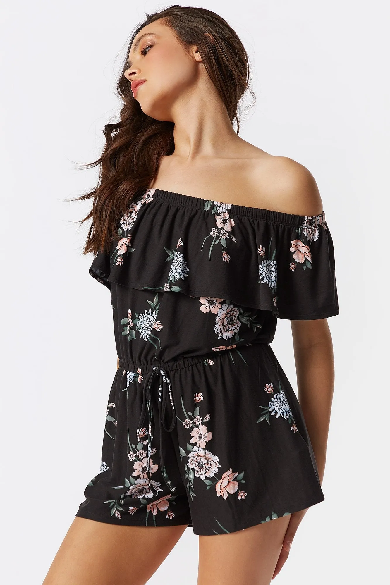 Soft Black Floral Ruffle Off The Shoulder Romper