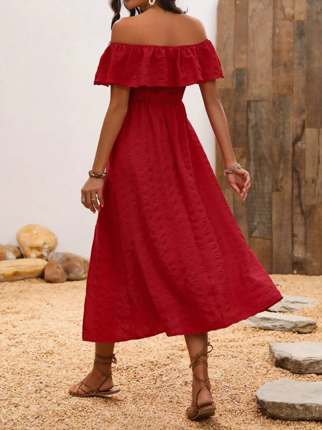 Sunset Vacation Slit Off-Shoulder Short Sleeve Midi Dress