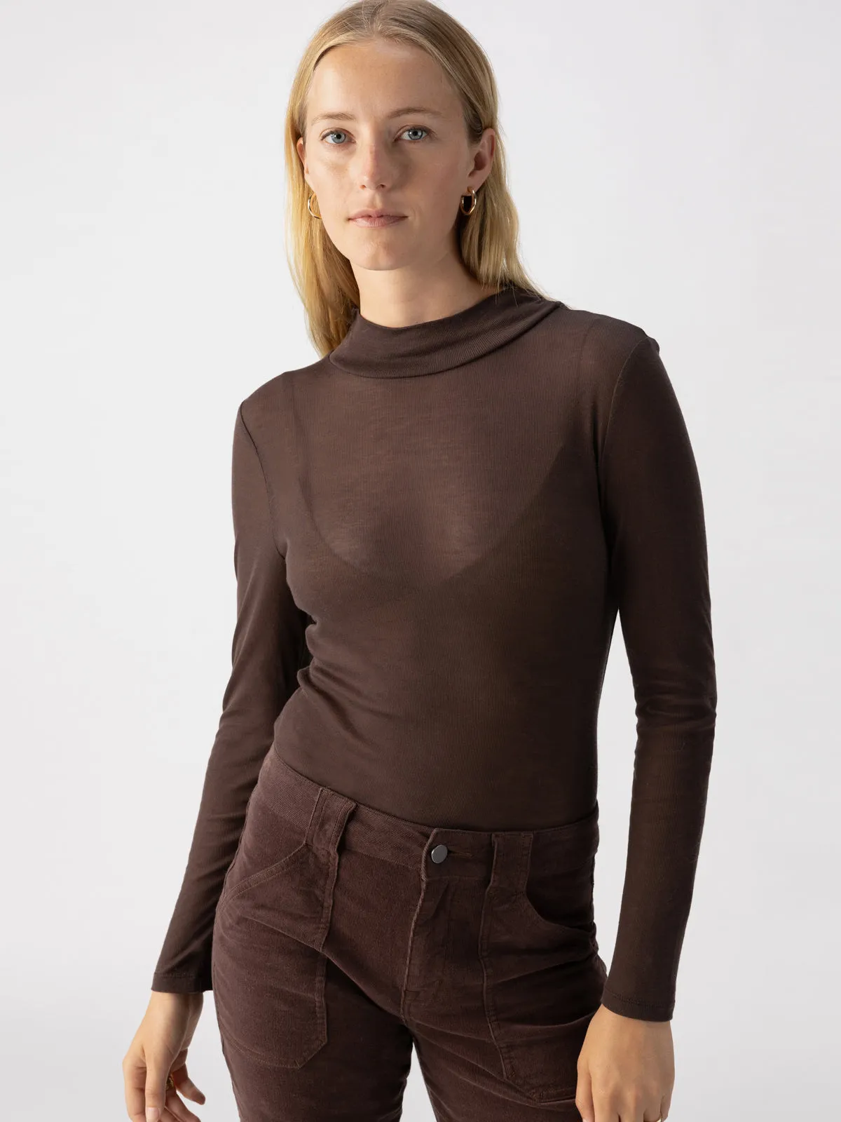 The Semi Sheer Long Sleeve Mock Neck Top Coffee