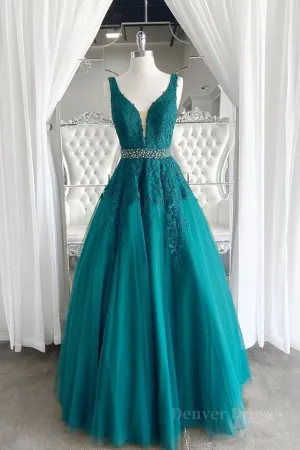 V Neck Dark Green Lace Prom Dresses Dark Green Lace Formal Evening Dresses