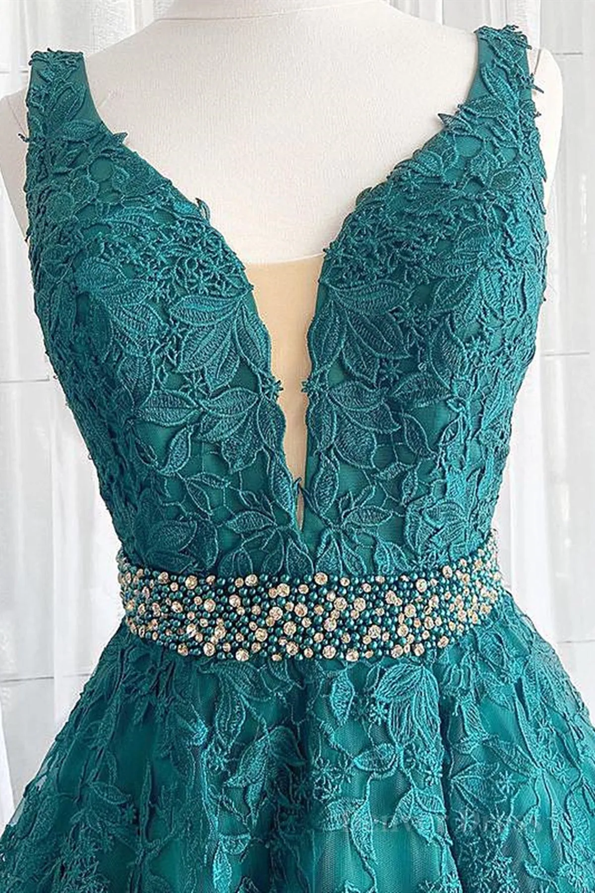 V Neck Dark Green Lace Prom Dresses Dark Green Lace Formal Evening Dresses