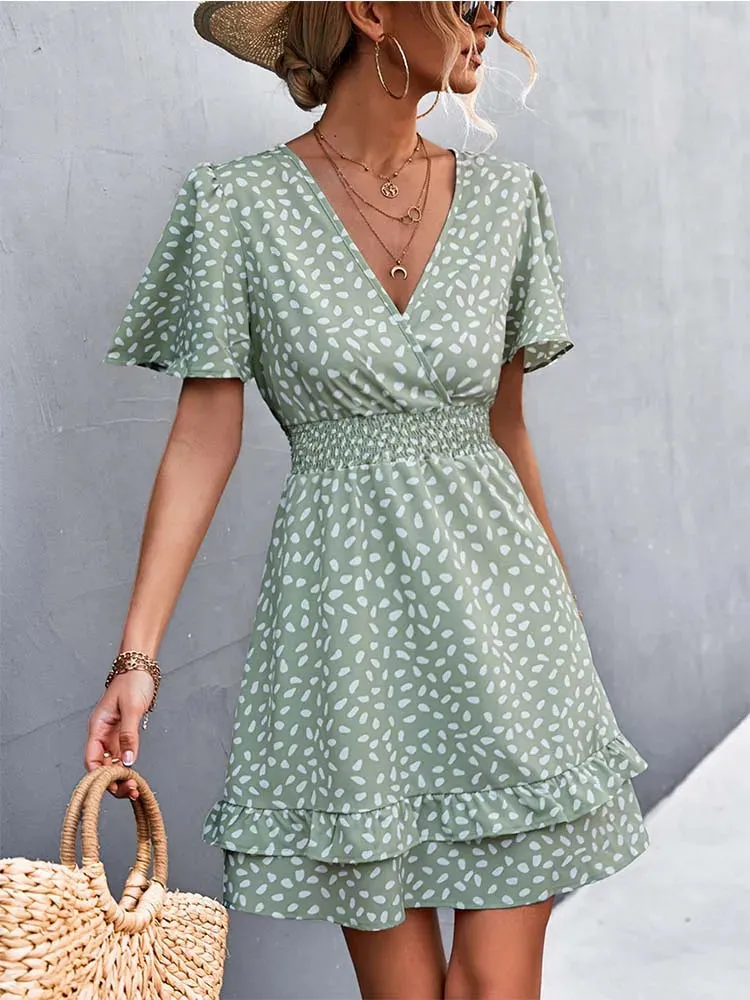 V Neck Mini Floral Short Lotus Leaf Elegant  Midi Dresses