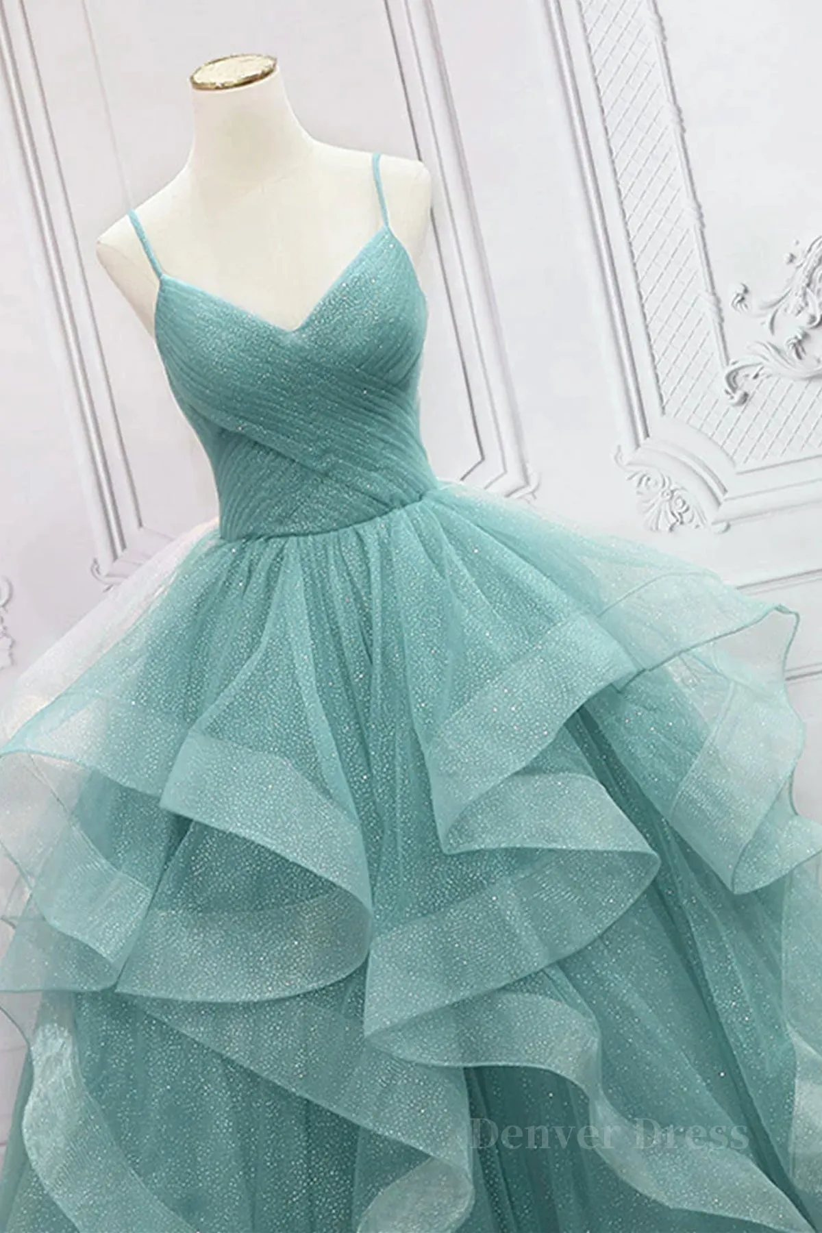 V Neck Open Back Fluffy Green Tulle Long Prom Dresses Green Formal Evening Dresses Ball Gown