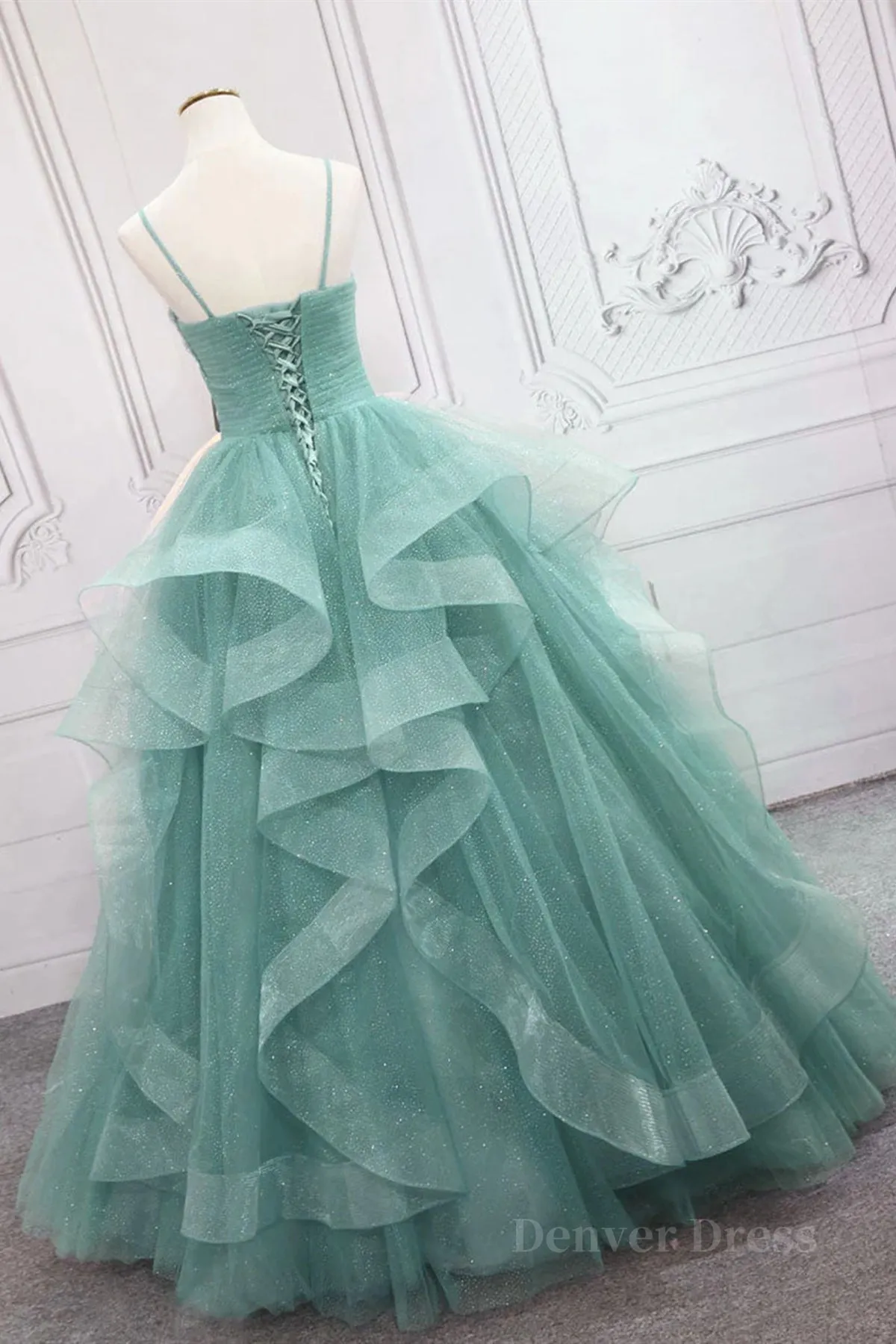 V Neck Open Back Fluffy Green Tulle Long Prom Dresses Green Formal Evening Dresses Ball Gown