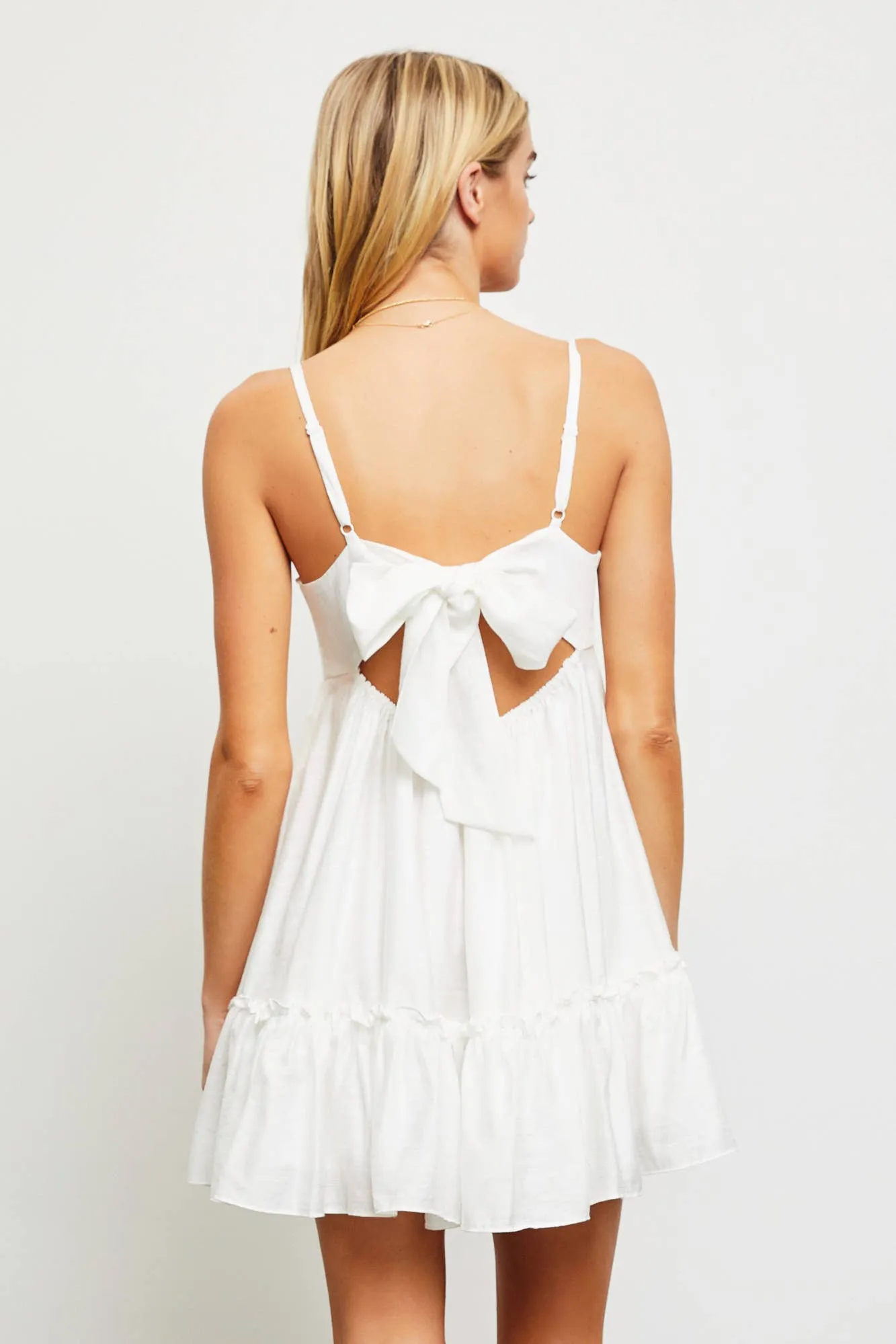 White Button Tie Back Mini Dress