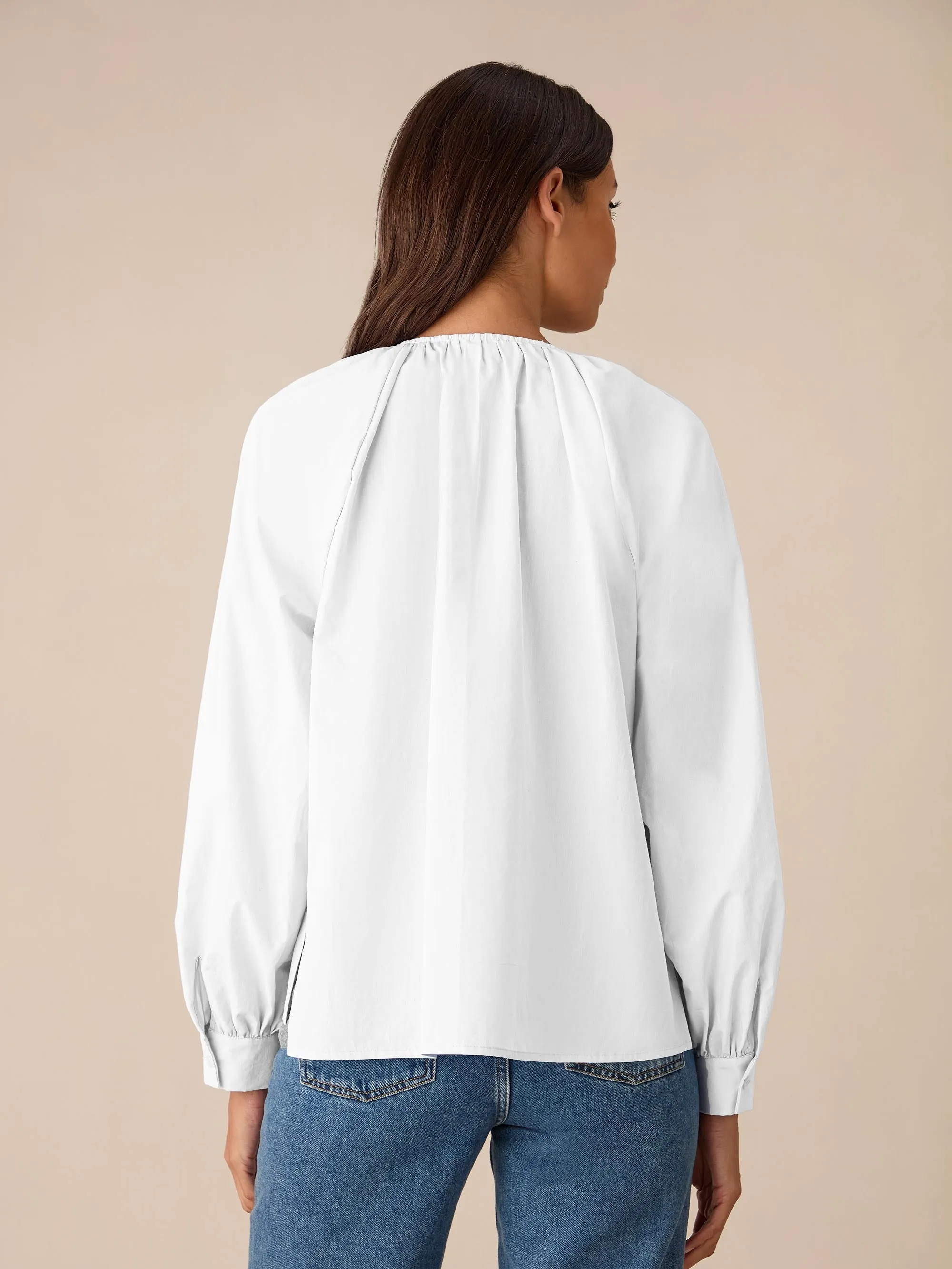 White Cotton Gathered Blouse