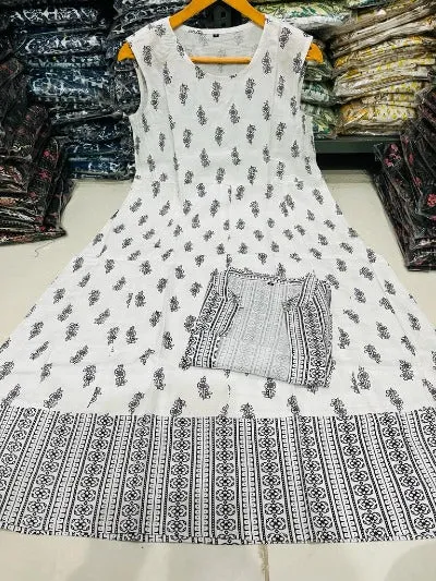 White Grey Cotton maxi Kurti Dress