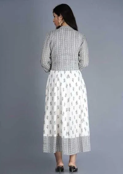 White Grey Cotton maxi Kurti Dress