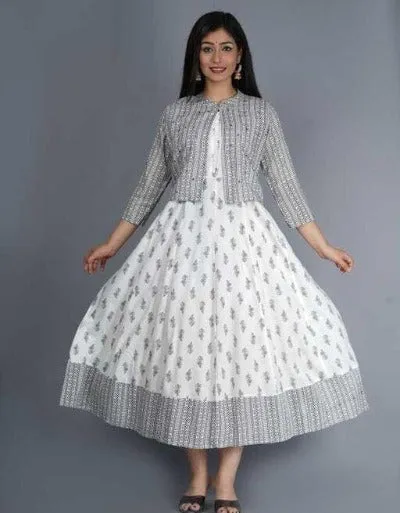 White Grey Cotton maxi Kurti Dress