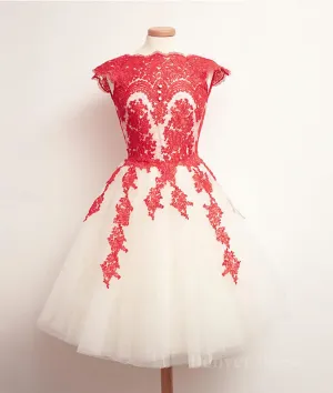 White Tulle Short Red Lace Prom Dresses Short Red Lace Homecoming Dresses