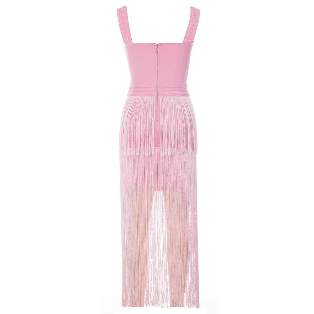 Women's Pink Maxi Sundress - Sleeveless Tassel Bandage Dress for Summer