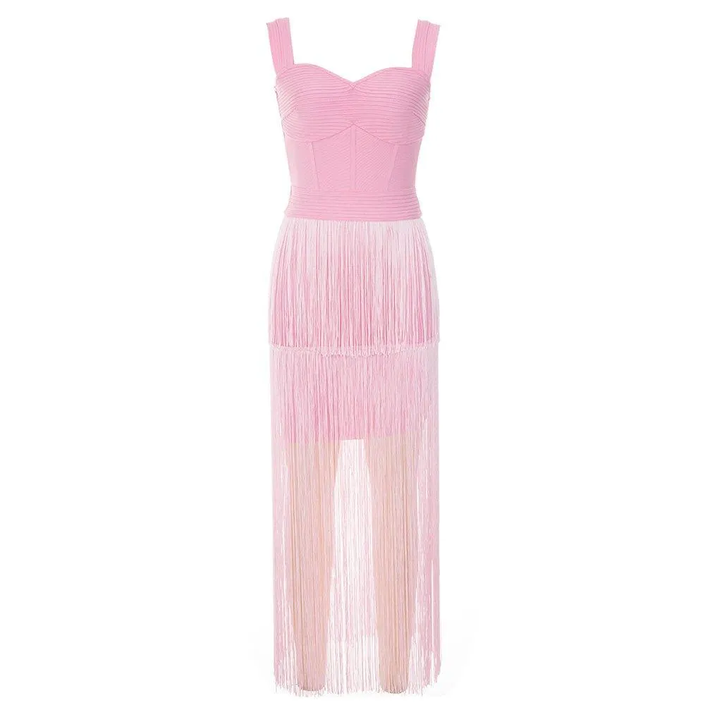 Women's Pink Maxi Sundress - Sleeveless Tassel Bandage Dress for Summer